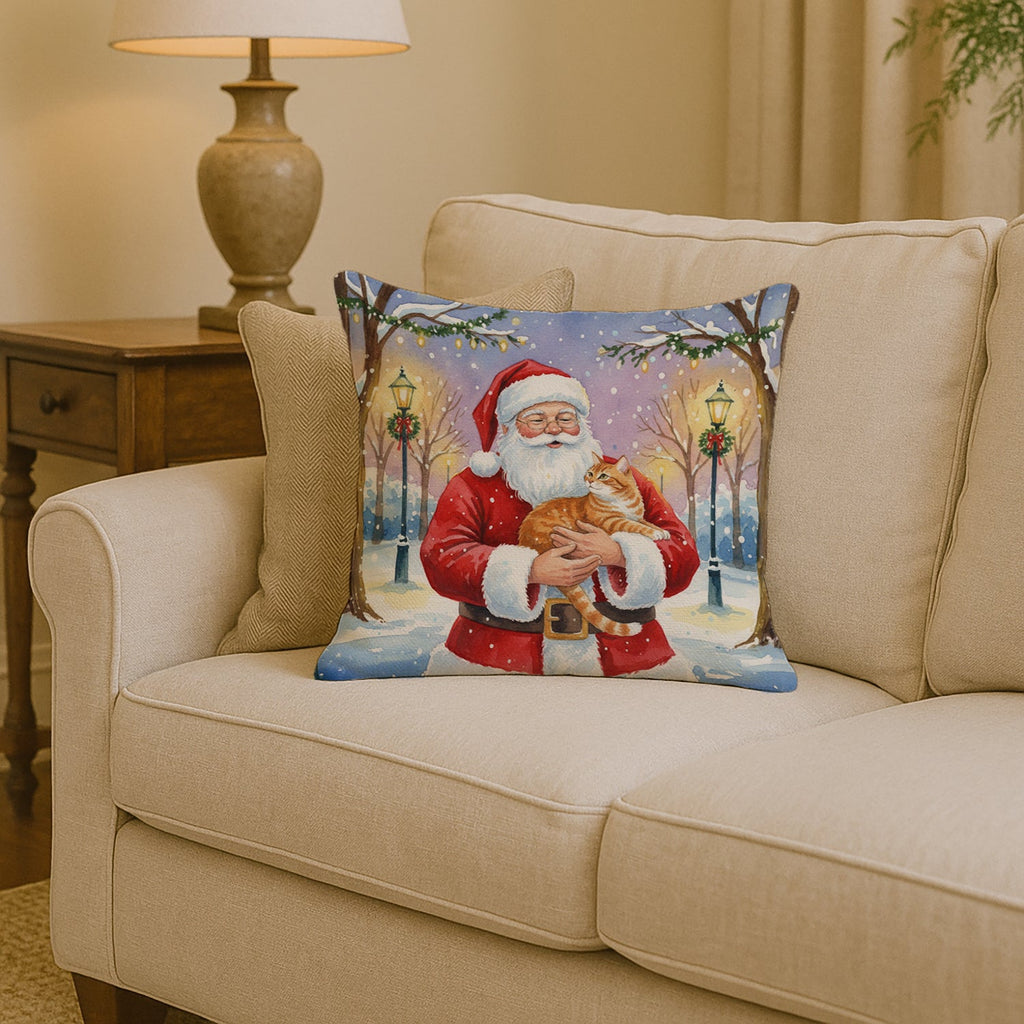 Orange Classic Tabby Cat with Santa Claus Decorative Throw Pillow 14x14 Indoor Outdoor Accent Cushion, Fabric Cover with Insert for Sofa, Bed, Porch & Living Room