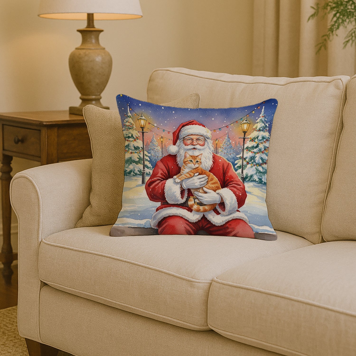 Orange Mackerel Tabby Cat with Santa Claus Decorative Throw Pillow 14x14 Indoor Outdoor Accent Cushion, Fabric Cover with Insert for Sofa, Bed, Porch & Living Room
