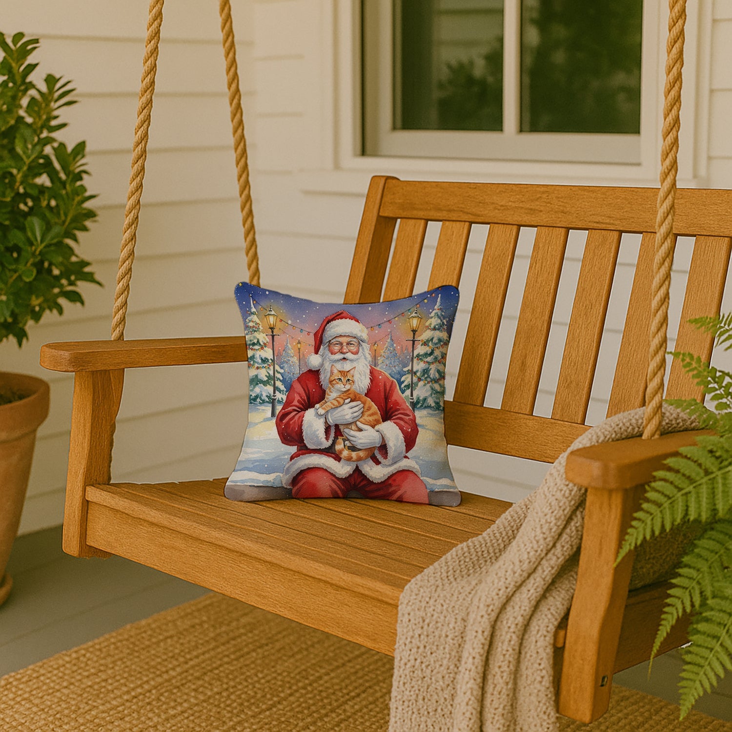 Orange Mackerel Tabby Cat with Santa Claus Decorative Throw Pillow 14x14 Indoor Outdoor Accent Cushion, Fabric Cover with Insert for Sofa, Bed, Porch & Living Room