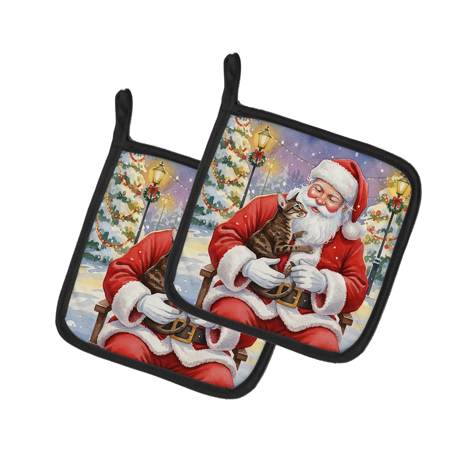 Oriental Shorthair Cat with Santa Claus Pot Holder Set of 2 Heat Resistant Quilted Hot Pads 7.5 x 7.5 Inch, Insulated Kitchen Trivets for Cooking & Baking
