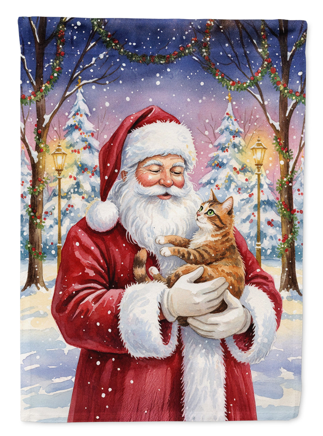 Patched Tabby Cat with Santa Claus House Flag 28x40 Porch Sleeve Pole Decorative Outside Yard Banner Artwork Wall Hanging, Polyester