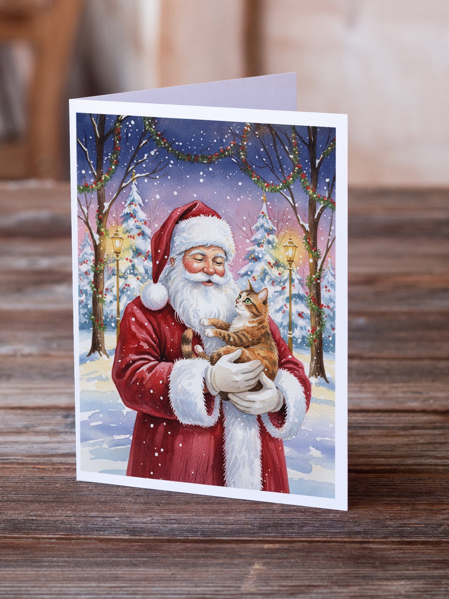 Patched Tabby Cat with Santa Claus Greeting Cards Pack of 8 Blank Cards with Envelopes Whimsical A7 Size 5x7