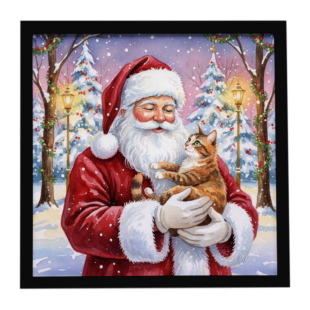 Patched Tabby Cat with Santa Claus Framed Metal Print Bathroom, Kitchen, Office, Home Decor Wall Art Ready to Hang, Square, 8X8