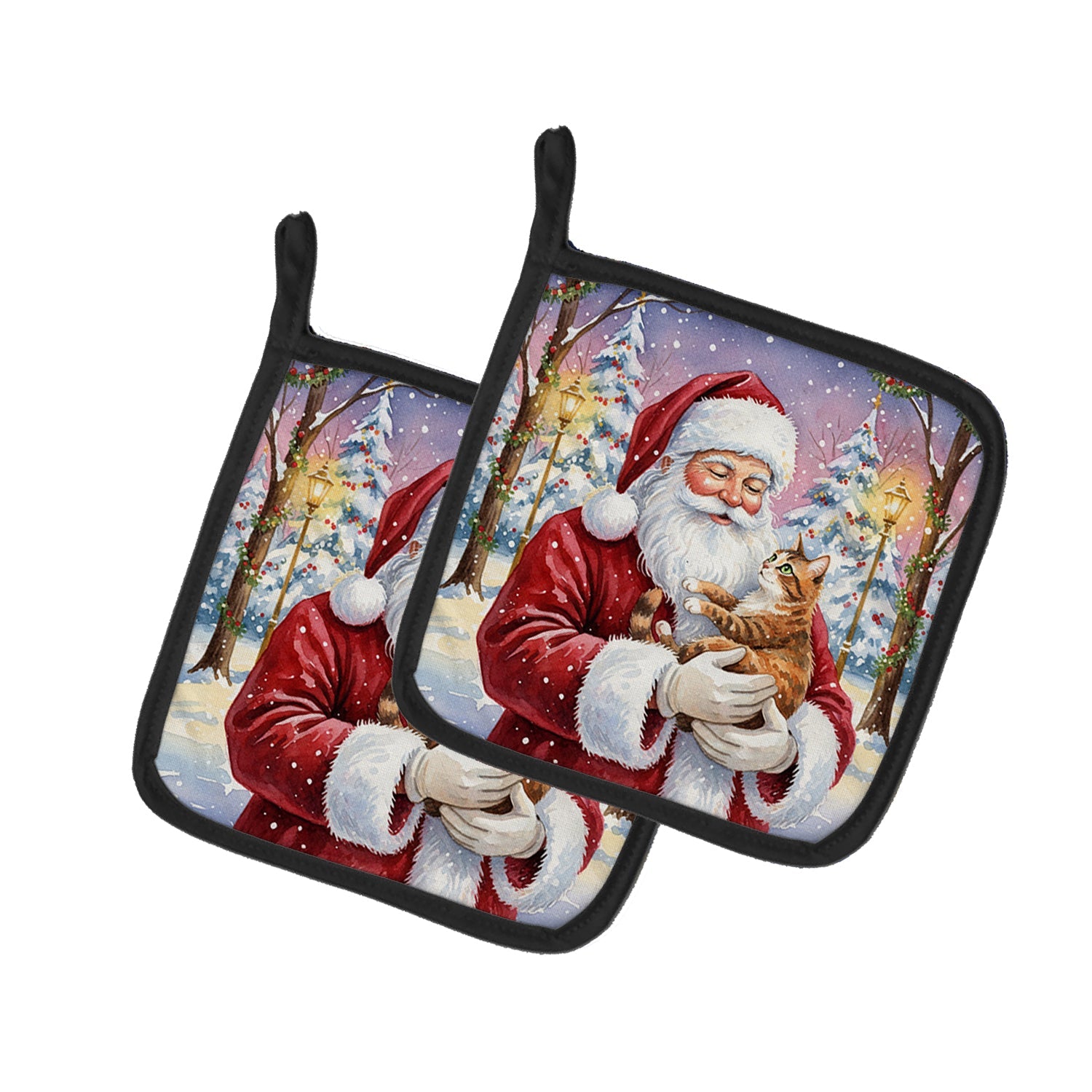Patched Tabby Cat with Santa Claus Pot Holder Set of 2 Heat Resistant Quilted Hot Pads 7.5 x 7.5 Inch, Insulated Kitchen Trivets for Cooking & Baking