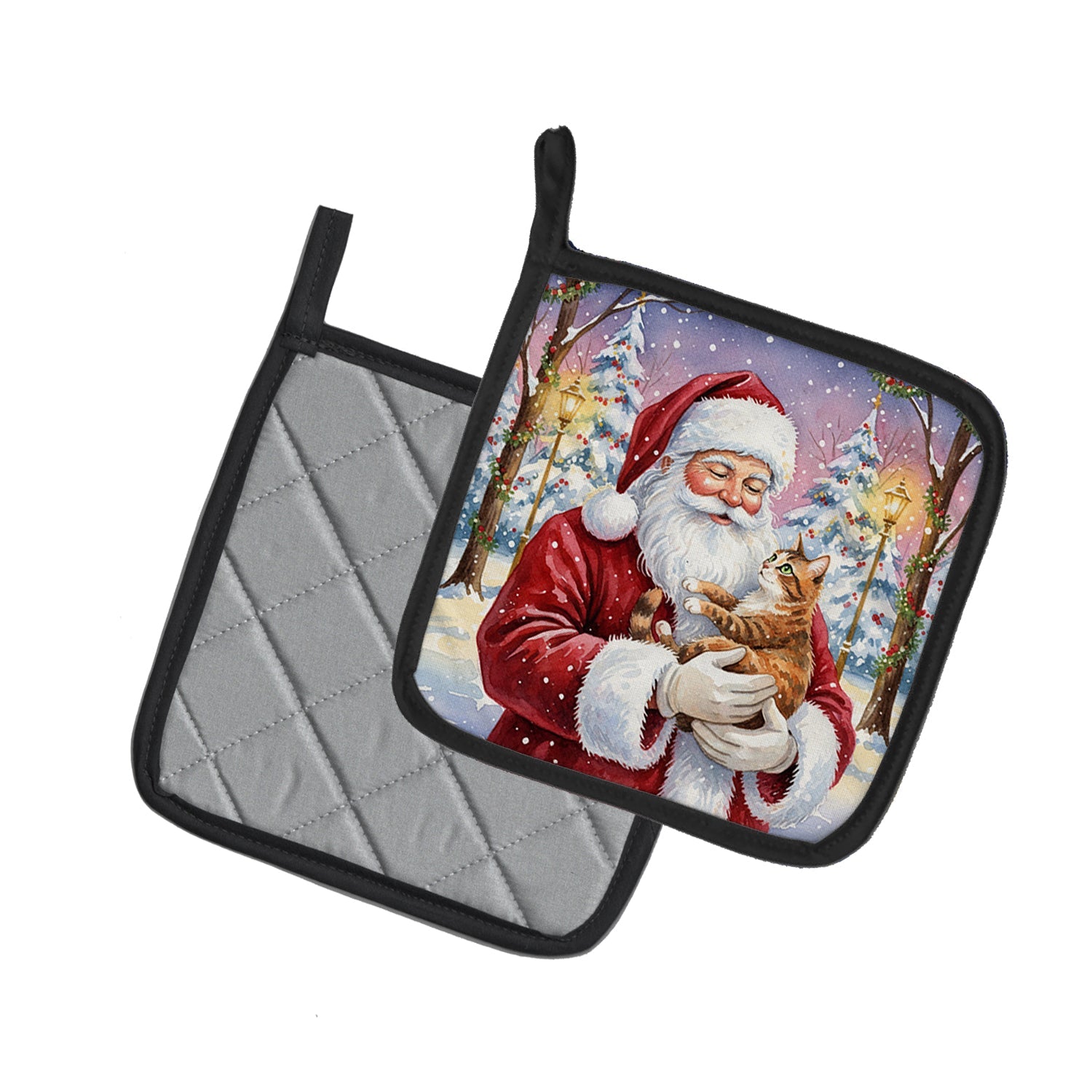 Patched Tabby Cat with Santa Claus Pot Holder Set of 2 Heat Resistant Quilted Hot Pads 7.5 x 7.5 Inch, Insulated Kitchen Trivets for Cooking & Baking