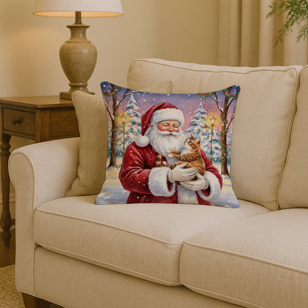 Patched Tabby Cat with Santa Claus Decorative Throw Pillow 14x14 Indoor Outdoor Accent Cushion, Fabric Cover with Insert for Sofa, Bed, Porch & Living Room