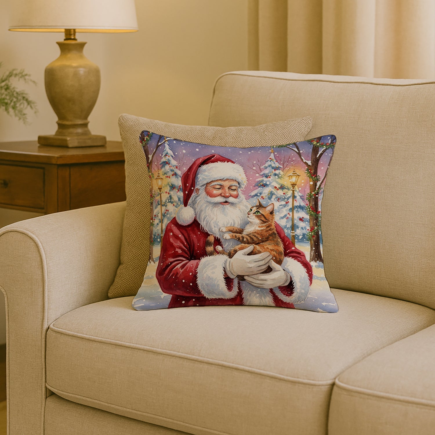 Patched Tabby Cat with Santa Claus Decorative Throw Pillow 18x18 Indoor Outdoor Accent Cushion, Fabric Cover with Insert for Sofa, Bed, Porch & Living Room