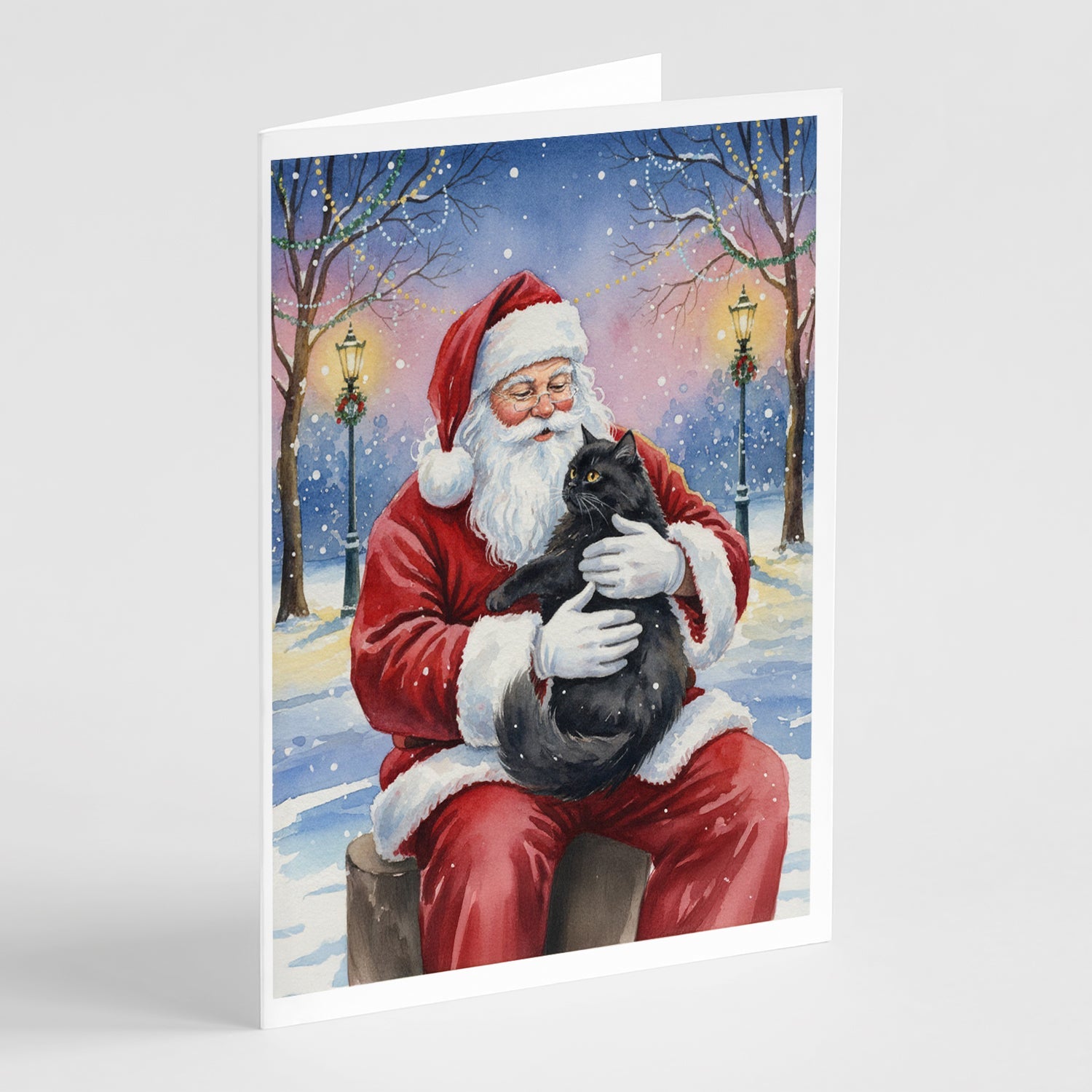 Persian Black Cat with Santa Claus Greeting Cards Pack of 8 Blank Cards with Envelopes Whimsical A7 Size 5x7