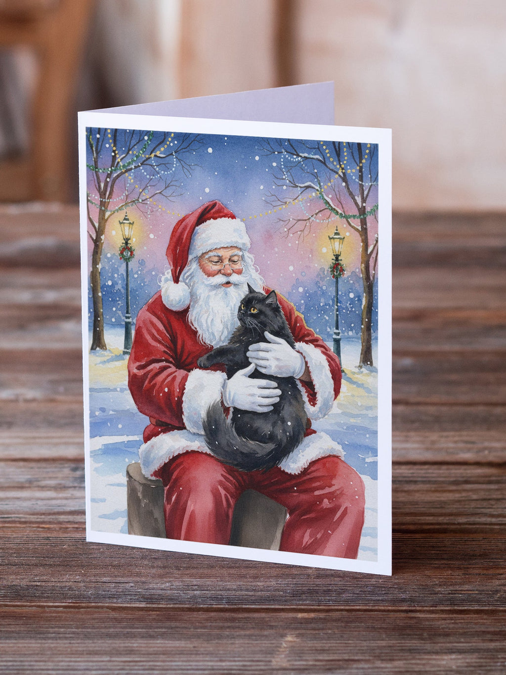 Persian Black Cat with Santa Claus Greeting Cards Pack of 8 Blank Cards with Envelopes Whimsical A7 Size 5x7