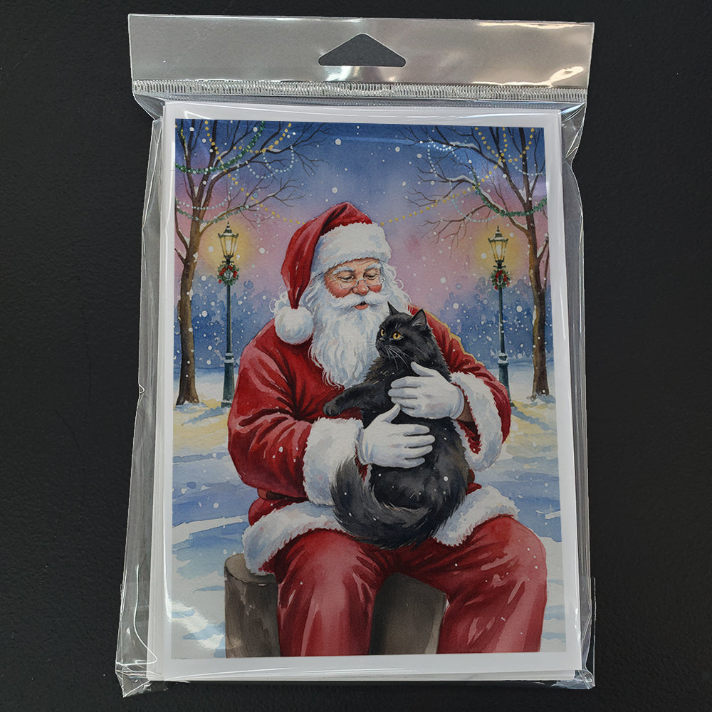Persian Black Cat with Santa Claus Greeting Cards Pack of 8 Blank Cards with Envelopes Whimsical A7 Size 5x7