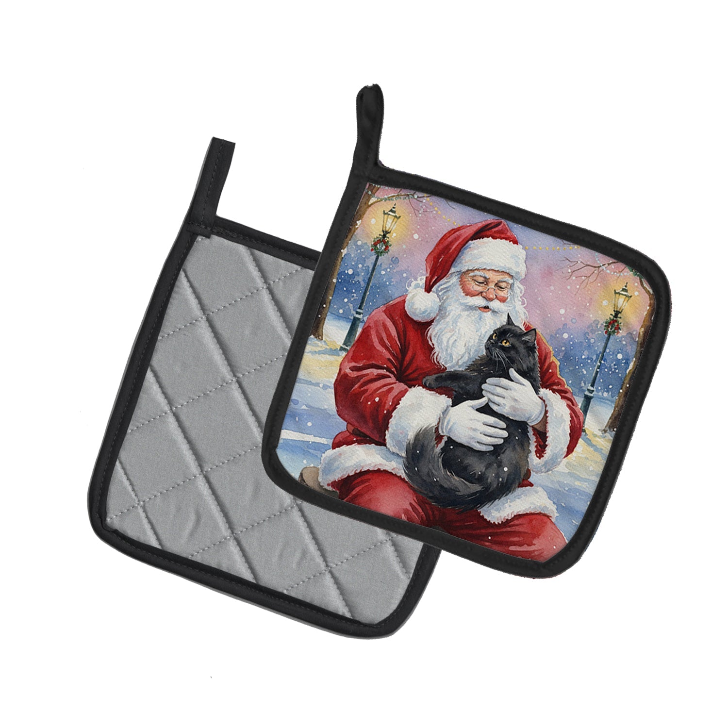 Persian Black Cat with Santa Claus Pot Holder Set of 2 Heat Resistant Quilted Hot Pads 7.5 x 7.5 Inch, Insulated Kitchen Trivets for Cooking & Baking