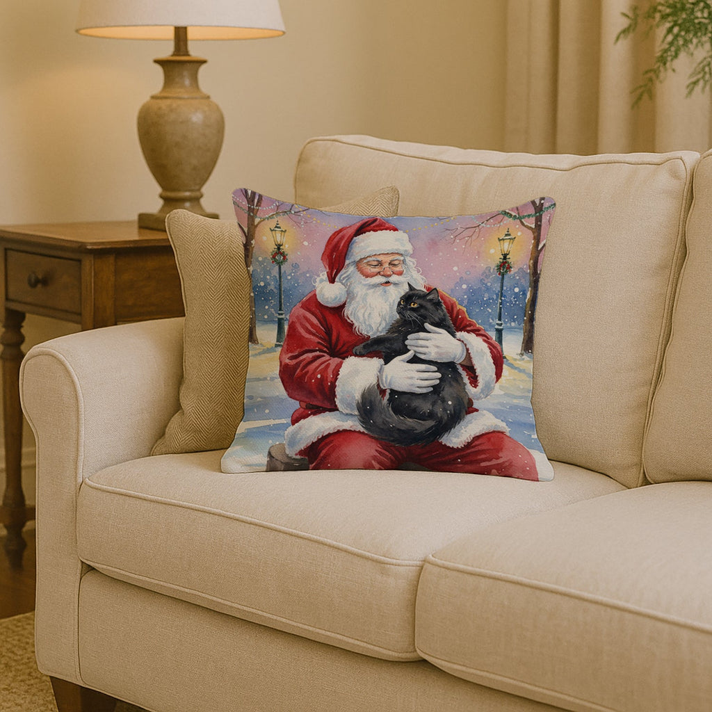 Persian Black Cat with Santa Claus Decorative Throw Pillow 14x14 Indoor Outdoor Accent Cushion, Fabric Cover with Insert for Sofa, Bed, Porch & Living Room