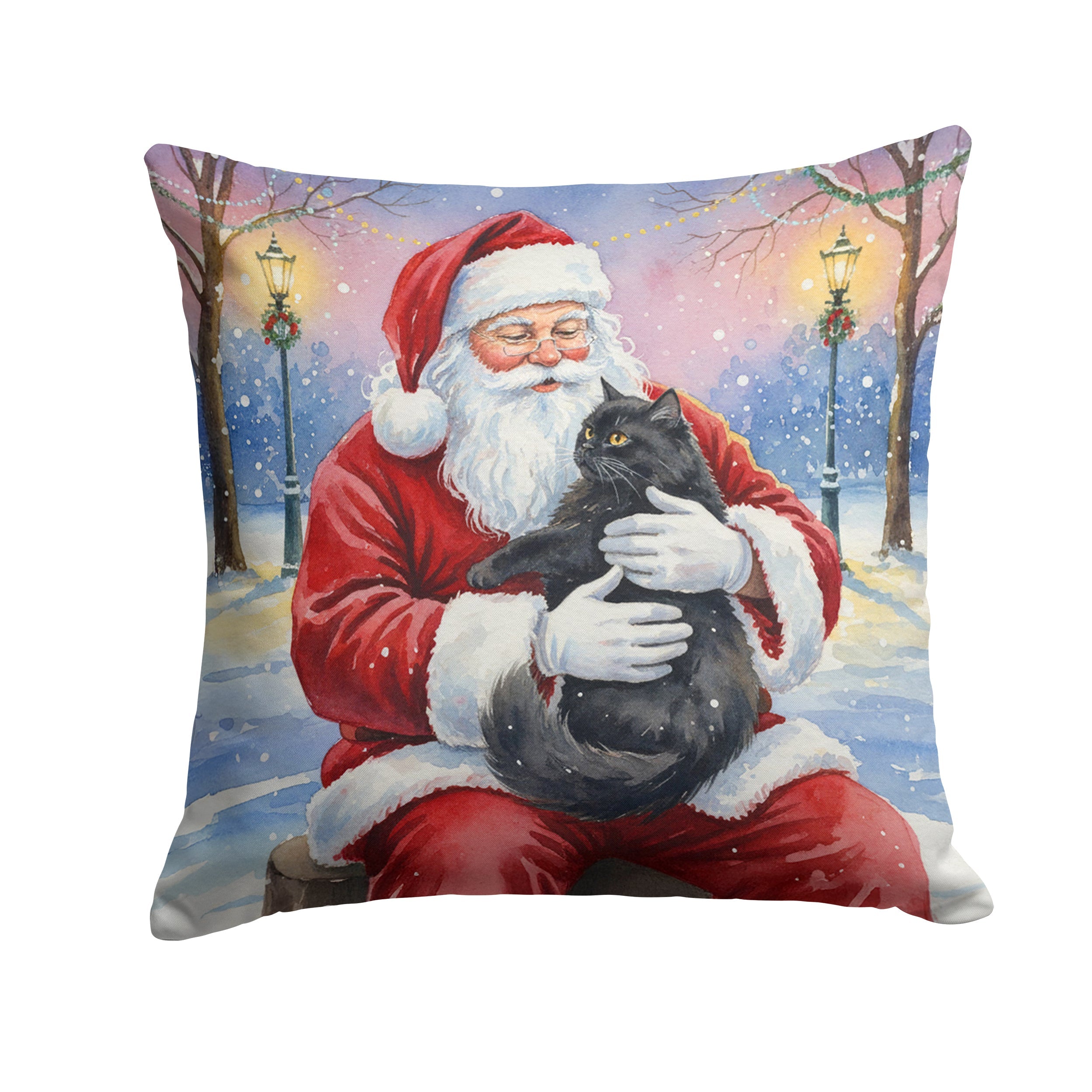 Persian Black Cat with Santa Claus Decorative Throw Pillow 18x18 Indoor Outdoor Accent Cushion, Fabric Cover with Insert for Sofa, Bed, Porch & Living Room