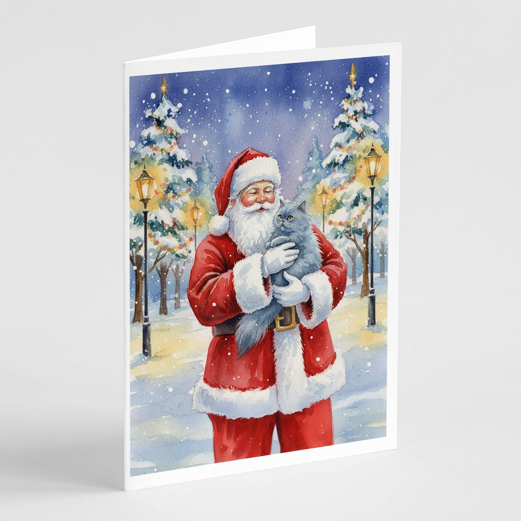 Persian Blue Cat with Santa Claus Greeting Cards Pack of 8 Blank Cards with Envelopes Whimsical A7 Size 5x7
