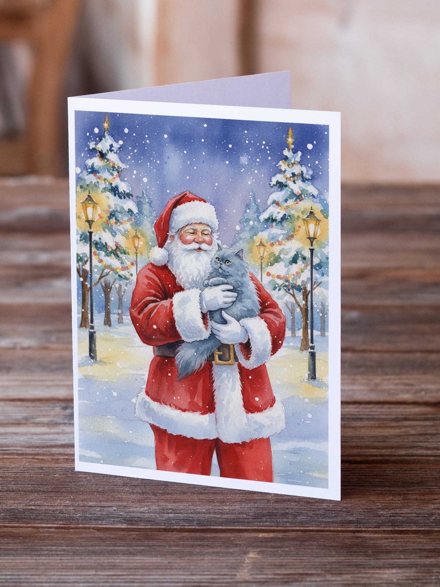 Persian Blue Cat with Santa Claus Greeting Cards Pack of 8 Blank Cards with Envelopes Whimsical A7 Size 5x7