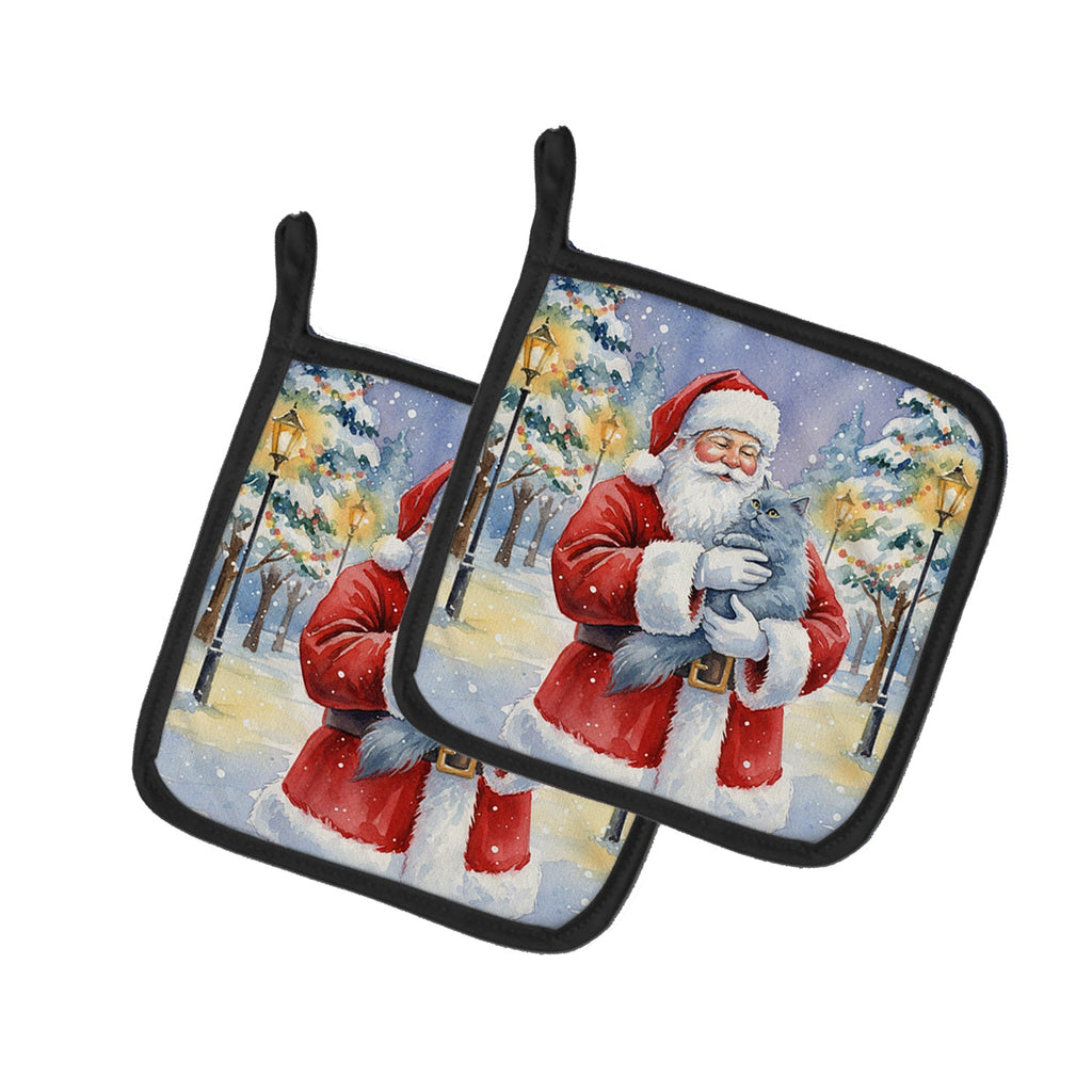 Persian Blue Cat with Santa Claus Pot Holder Set of 2 Heat Resistant Quilted Hot Pads 7.5 x 7.5 Inch, Insulated Kitchen Trivets for Cooking & Baking