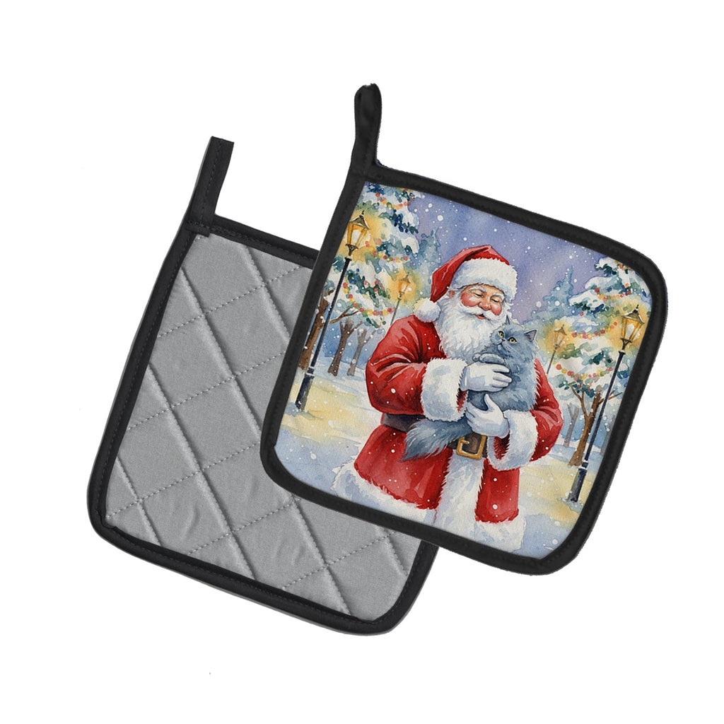 Persian Blue Cat with Santa Claus Pot Holder Set of 2 Heat Resistant Quilted Hot Pads 7.5 x 7.5 Inch, Insulated Kitchen Trivets for Cooking & Baking