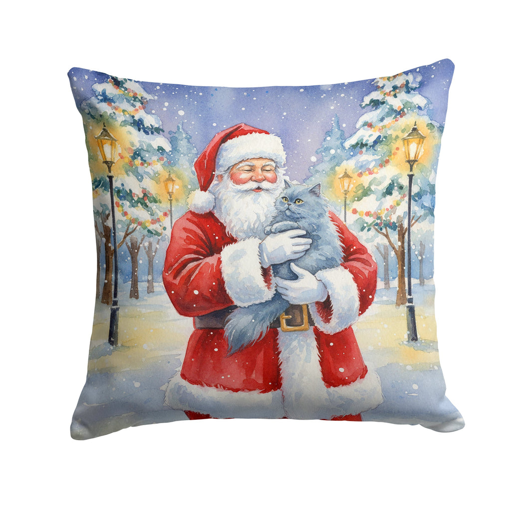 Persian Blue Cat with Santa Claus Decorative Throw Pillow 14x14 Indoor Outdoor Accent Cushion, Fabric Cover with Insert for Sofa, Bed, Porch & Living Room