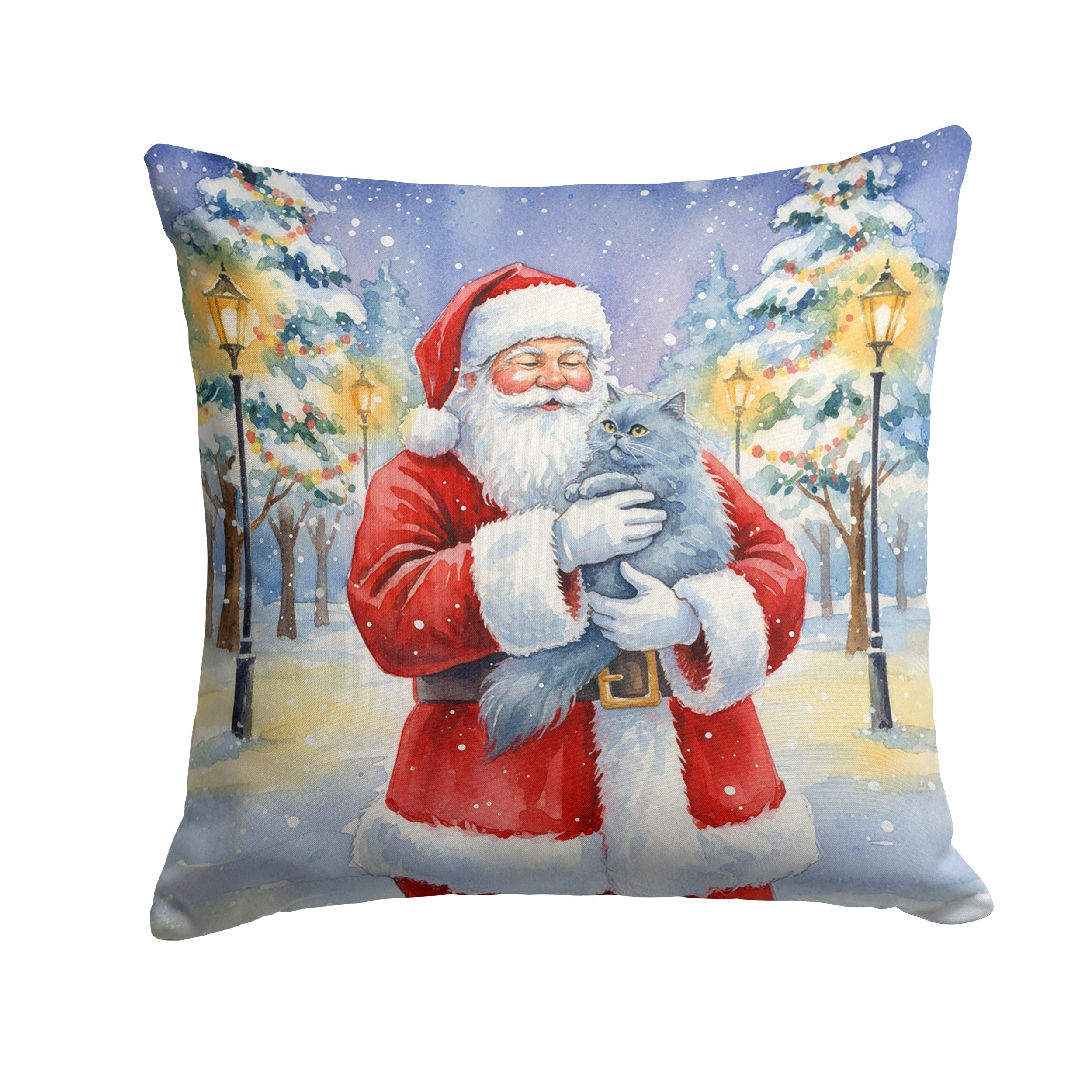 Persian Blue Cat with Santa Claus Decorative Throw Pillow 14x14 Indoor Outdoor Accent Cushion, Fabric Cover with Insert for Sofa, Bed, Porch & Living Room