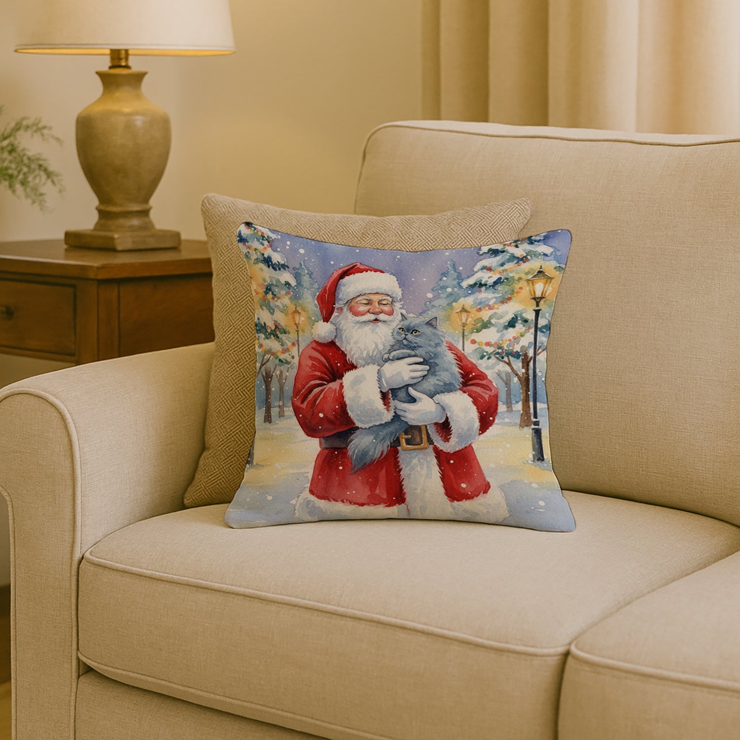 Persian Blue Cat with Santa Claus Decorative Throw Pillow 18x18 Indoor Outdoor Accent Cushion, Fabric Cover with Insert for Sofa, Bed, Porch & Living Room