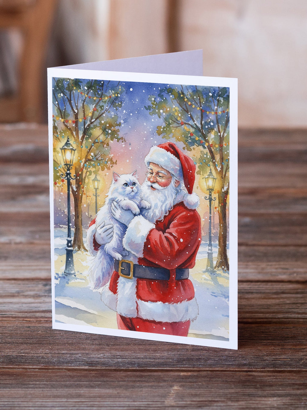 Persian White Cat with Santa Claus Greeting Cards Pack of 8 Blank Cards with Envelopes Whimsical A7 Size 5x7