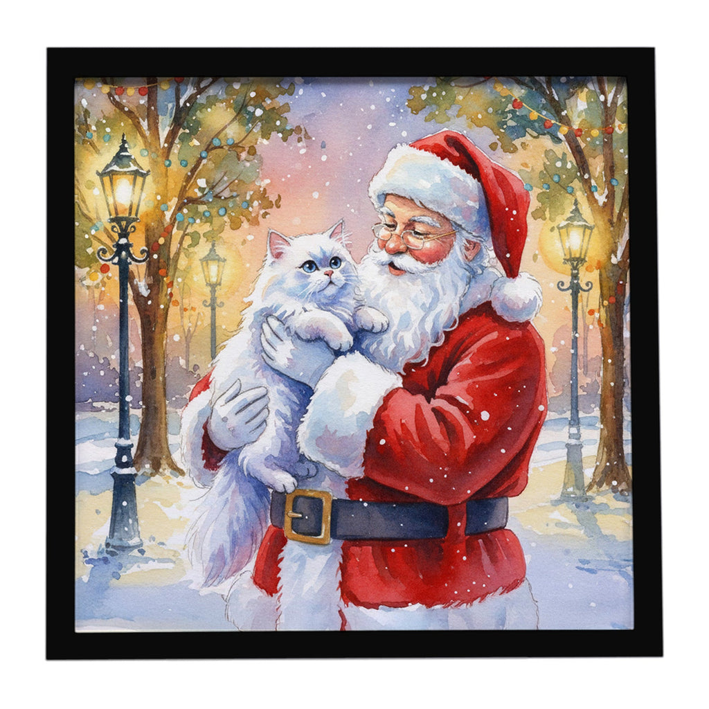 Persian White Cat with Santa Claus Framed Metal Print Bathroom, Kitchen, Office, Home Decor Wall Art Ready to Hang, Square, 8X8