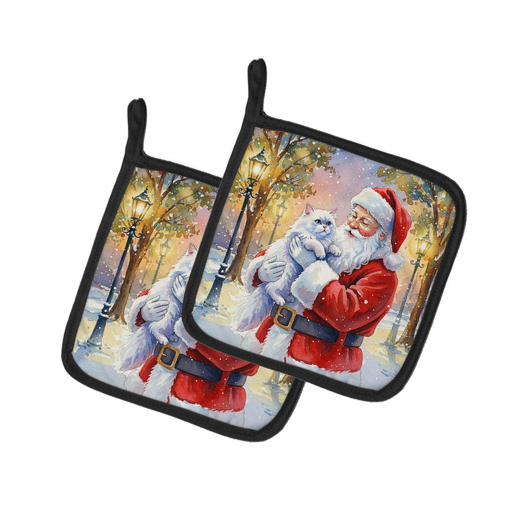 Persian White Cat with Santa Claus Pot Holder Set of 2 Heat Resistant Quilted Hot Pads 7.5 x 7.5 Inch, Insulated Kitchen Trivets for Cooking & Baking