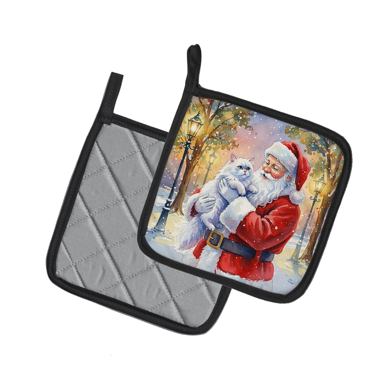 Persian White Cat with Santa Claus Pot Holder Set of 2 Heat Resistant Quilted Hot Pads 7.5 x 7.5 Inch, Insulated Kitchen Trivets for Cooking & Baking