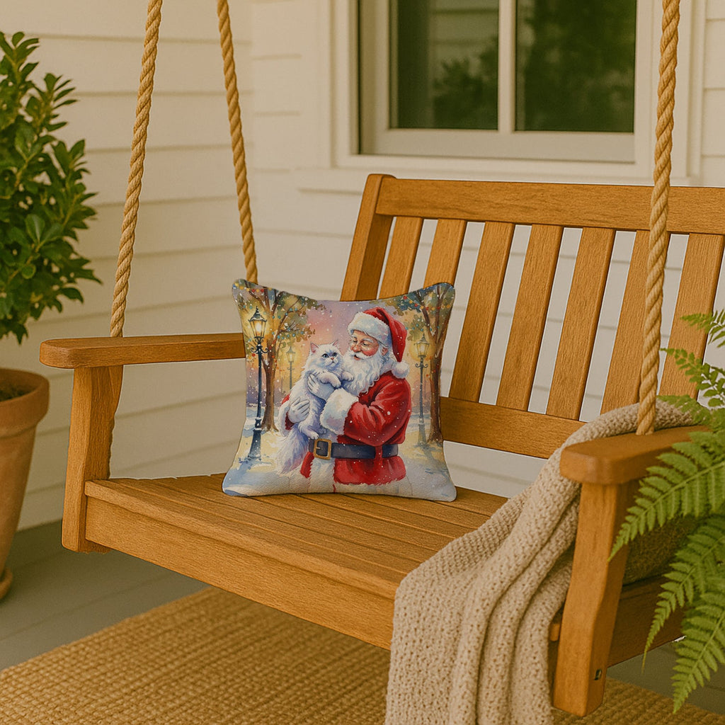 Persian White Cat with Santa Claus Decorative Throw Pillow 14x14 Indoor Outdoor Accent Cushion, Fabric Cover with Insert for Sofa, Bed, Porch & Living Room