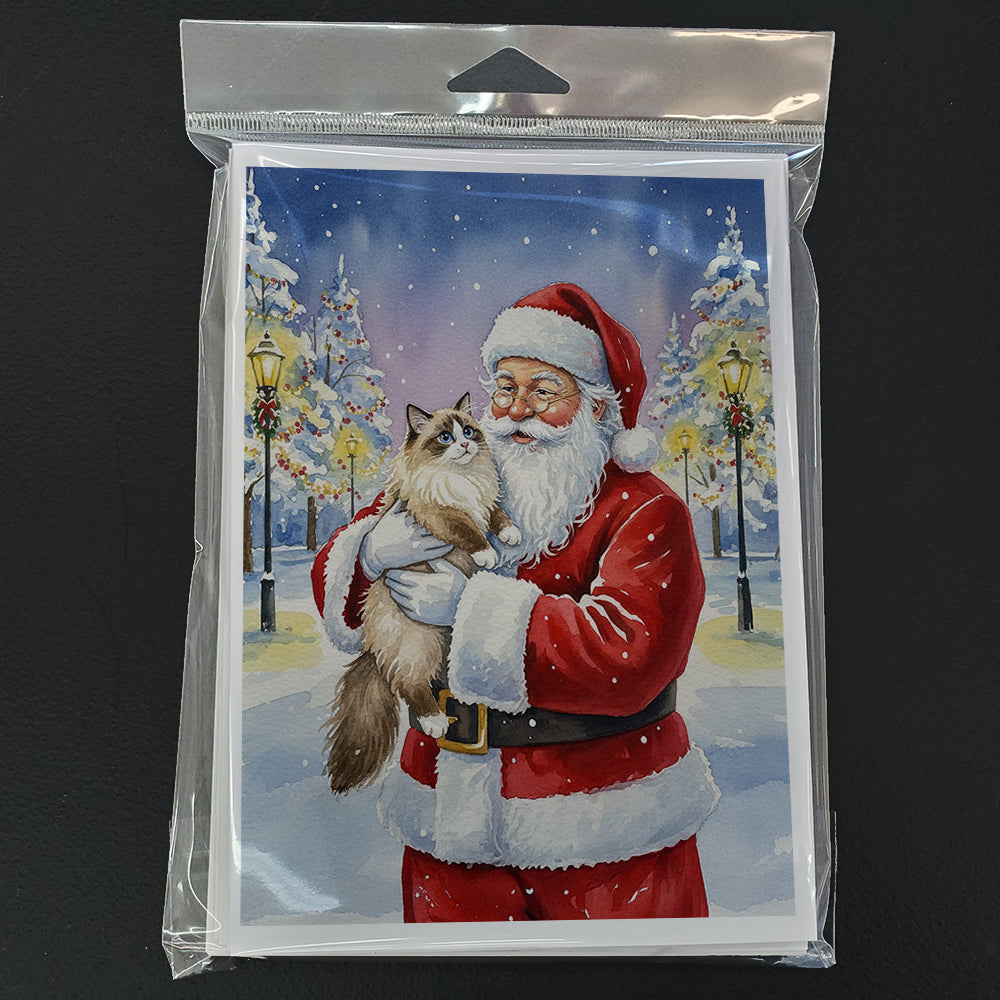 Ragdoll Bicolor Cat with Santa Claus Greeting Cards Pack of 8 Blank Cards with Envelopes Whimsical A7 Size 5x7