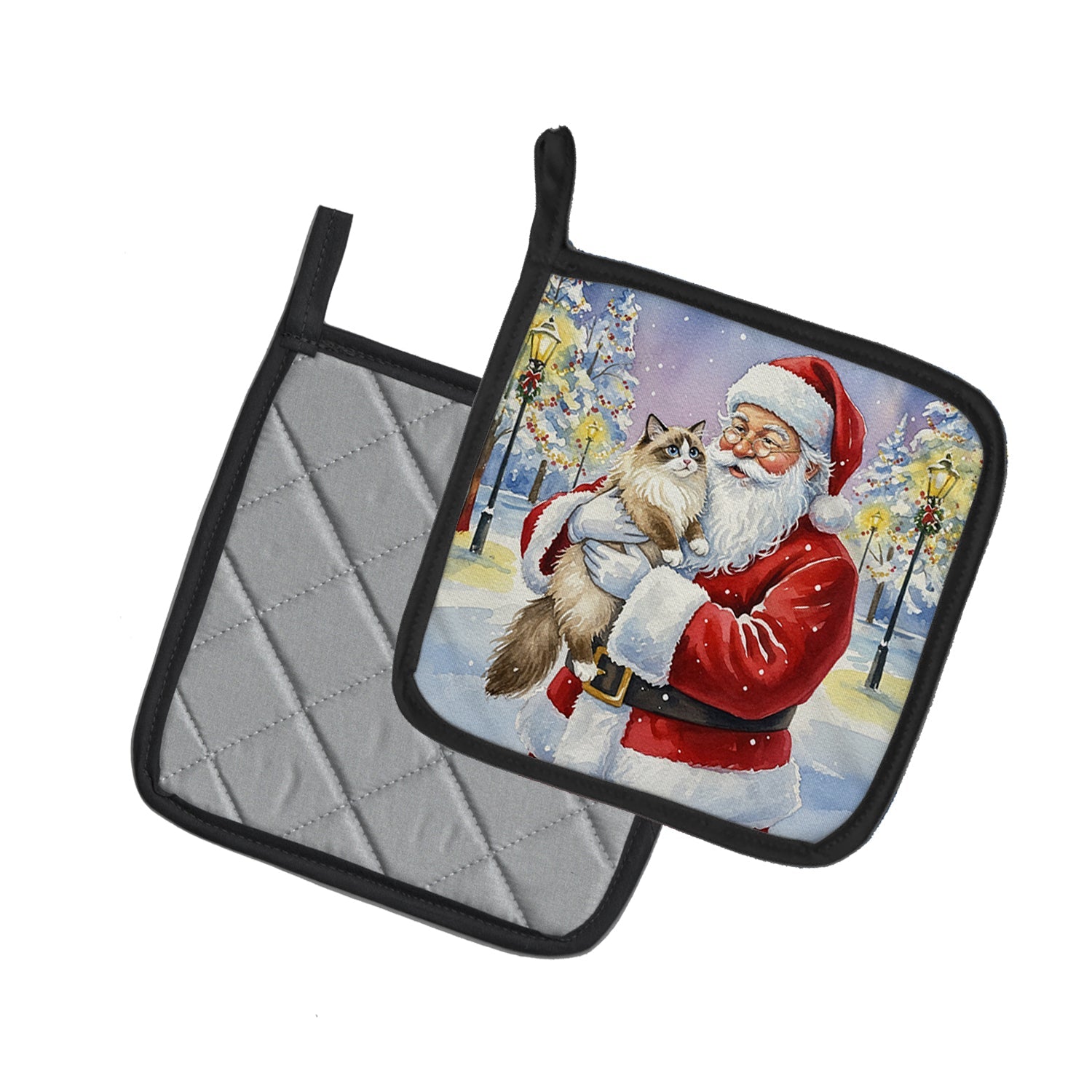Ragdoll Bicolor Cat with Santa Claus Pot Holder Set of 2 Heat Resistant Quilted Hot Pads 7.5 x 7.5 Inch, Insulated Kitchen Trivets for Cooking & Baking