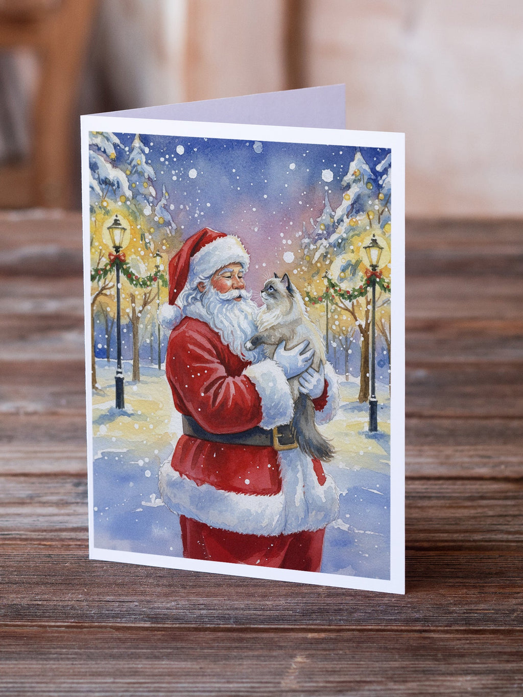 Ragdoll Blue Point Cat with Santa Claus Greeting Cards Pack of 8 Blank Cards with Envelopes Whimsical A7 Size 5x7