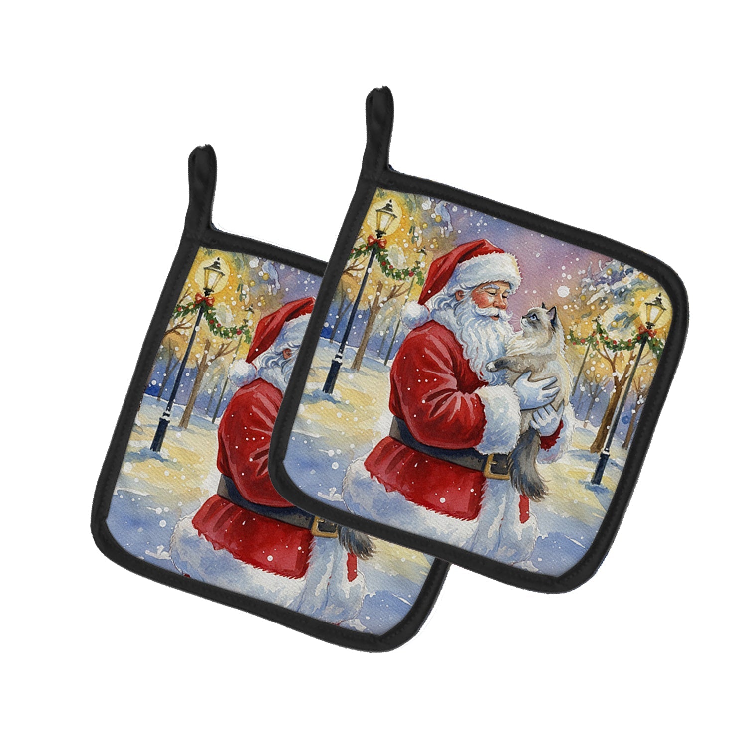 Ragdoll Blue Point Cat with Santa Claus Pot Holder Set of 2 Heat Resistant Quilted Hot Pads 7.5 x 7.5 Inch, Insulated Kitchen Trivets for Cooking & Baking