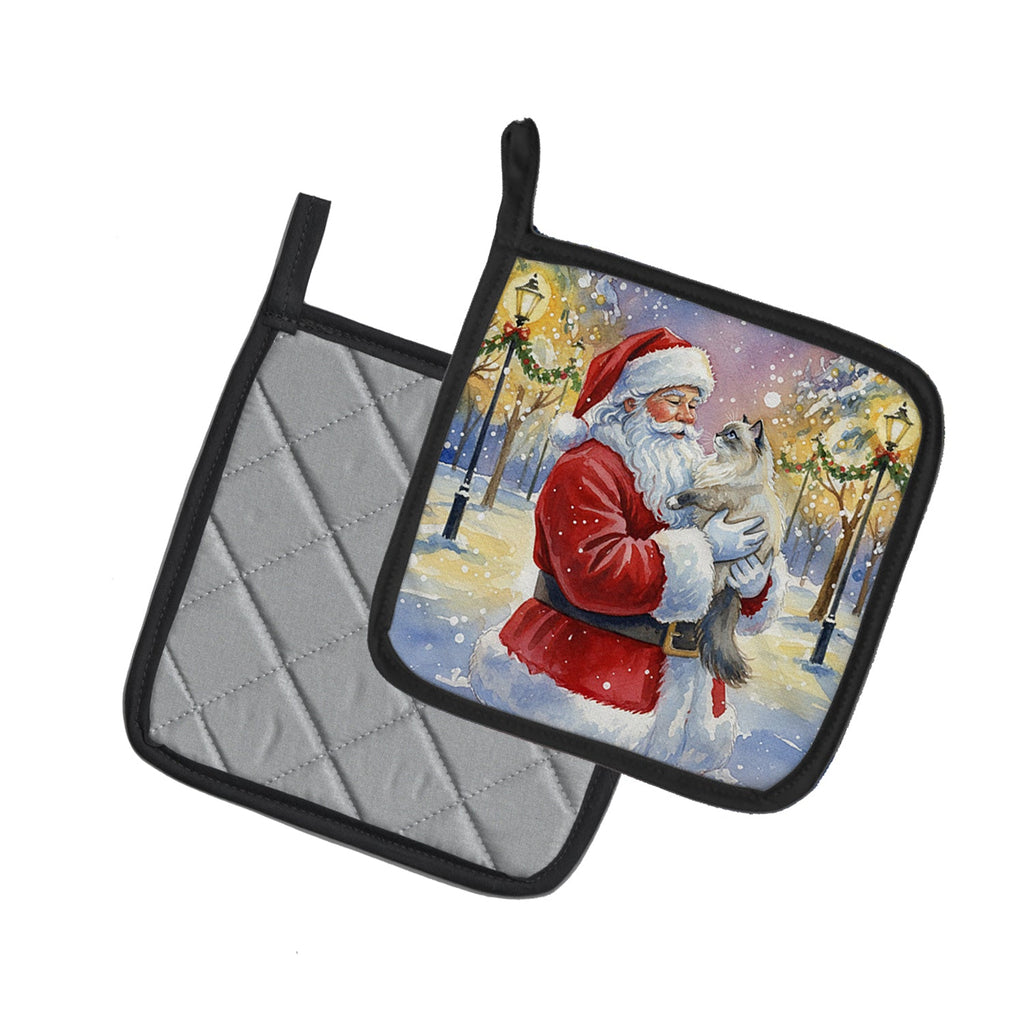 Ragdoll Blue Point Cat with Santa Claus Pot Holder Set of 2 Heat Resistant Quilted Hot Pads 7.5 x 7.5 Inch, Insulated Kitchen Trivets for Cooking & Baking