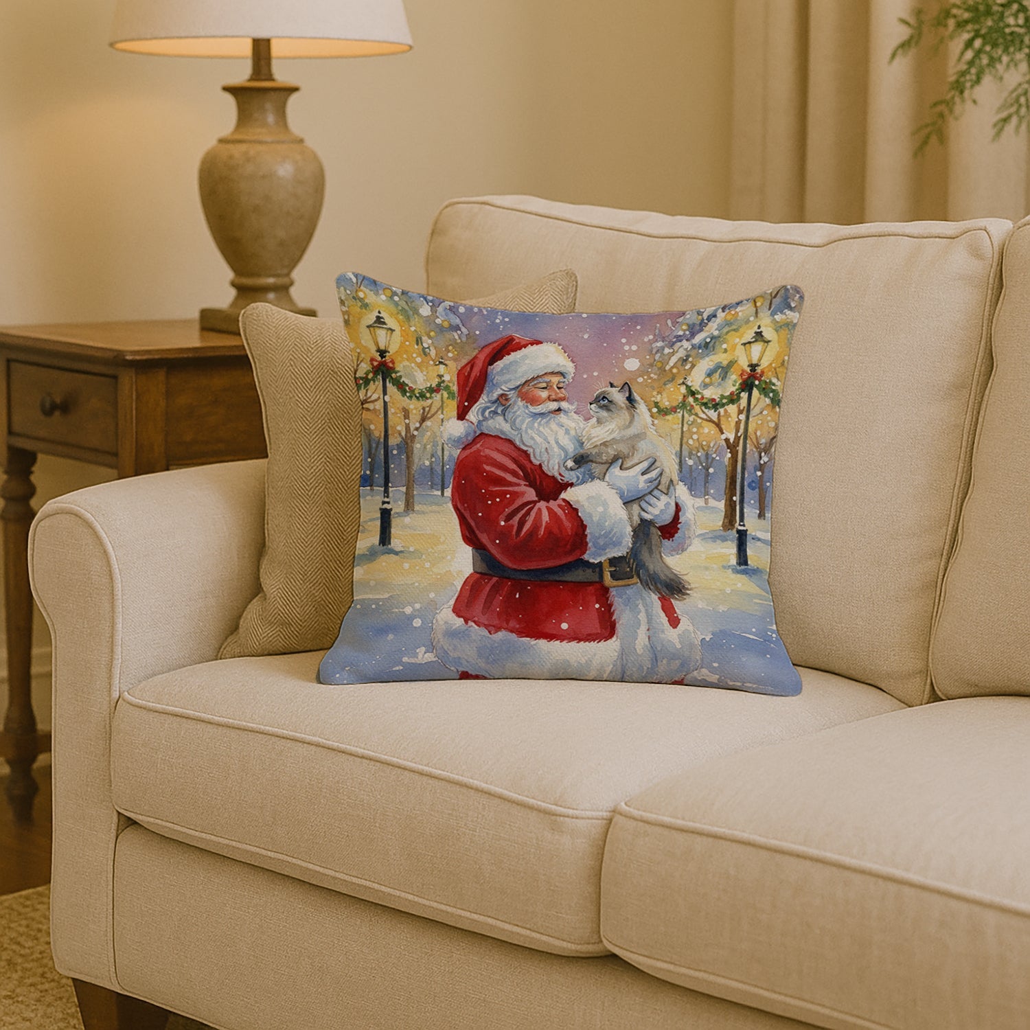 Ragdoll Blue Point Cat with Santa Claus Decorative Throw Pillow 14x14 Indoor Outdoor Accent Cushion, Fabric Cover with Insert for Sofa, Bed, Porch & Living Room