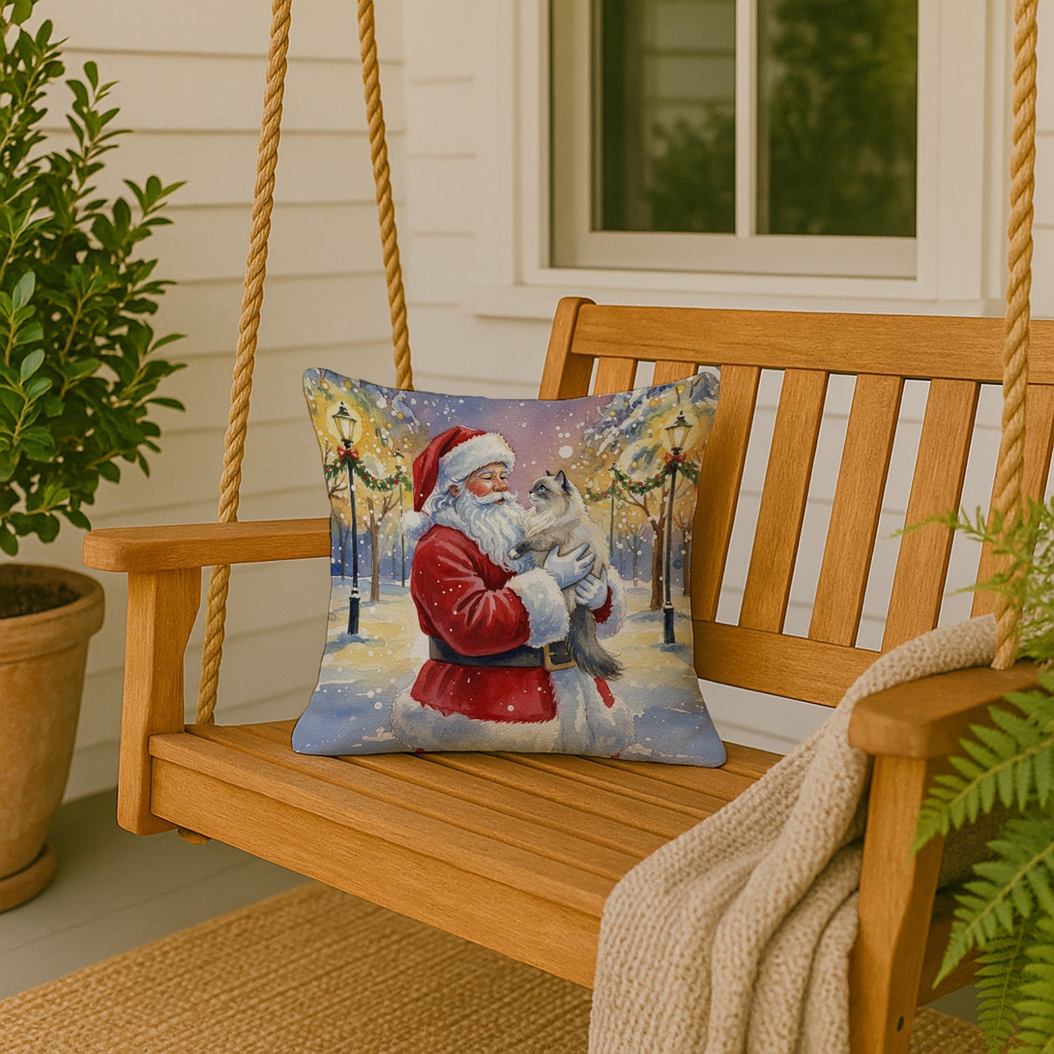 Ragdoll Blue Point Cat with Santa Claus Decorative Throw Pillow 18x18 Indoor Outdoor Accent Cushion, Fabric Cover with Insert for Sofa, Bed, Porch & Living Room