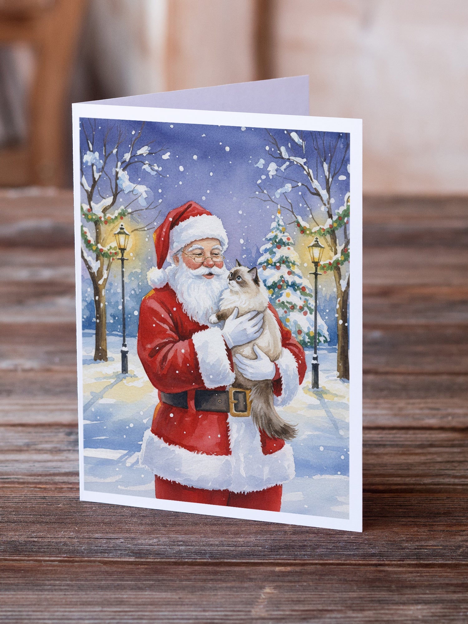 Ragdoll Cat with Santa Claus Greeting Cards Pack of 8 Blank Cards with Envelopes Whimsical A7 Size 5x7