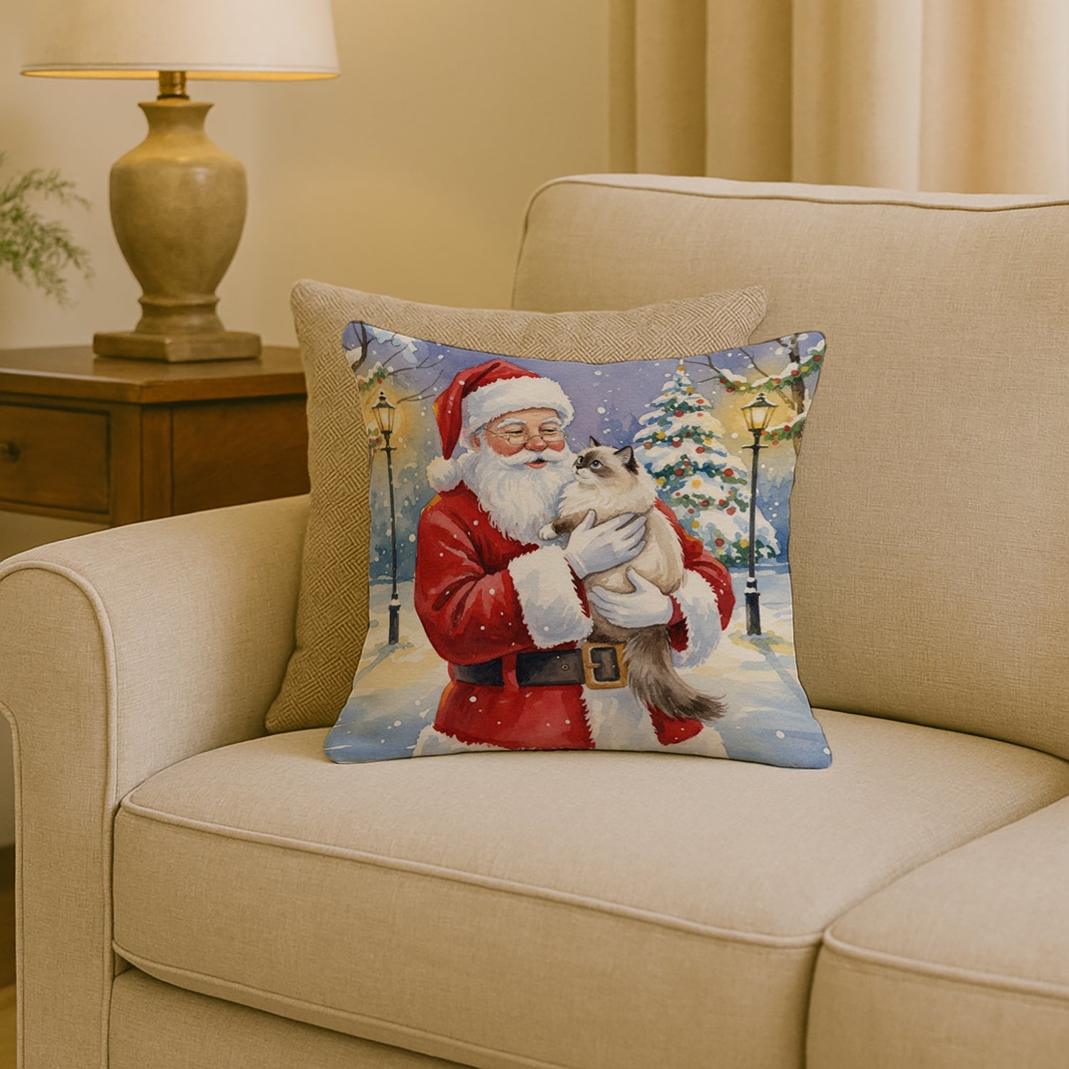 Ragdoll Cat with Santa Claus Decorative Throw Pillow 18x18 Indoor Outdoor Accent Cushion, Fabric Cover with Insert for Sofa, Bed, Porch & Living Room