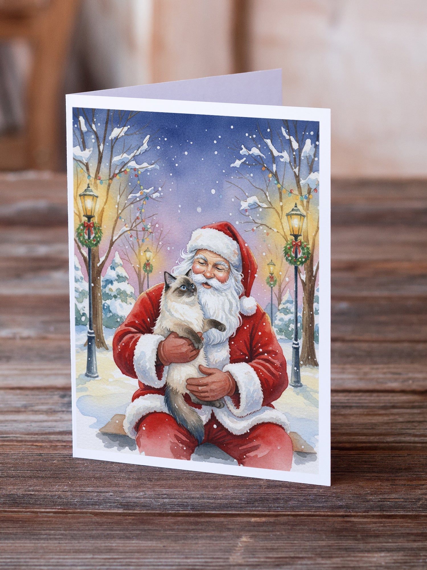 Ragdoll Seal Point with Santa Claus Greeting Cards Pack of 8 Blank Cards with Envelopes Whimsical A7 Size 5x7
