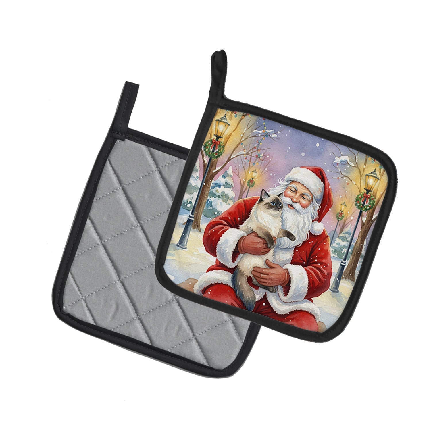 Ragdoll Seal Point with Santa Claus Pot Holder Set of 2 Heat Resistant Quilted Hot Pads 7.5 x 7.5 Inch, Insulated Kitchen Trivets for Cooking & Baking