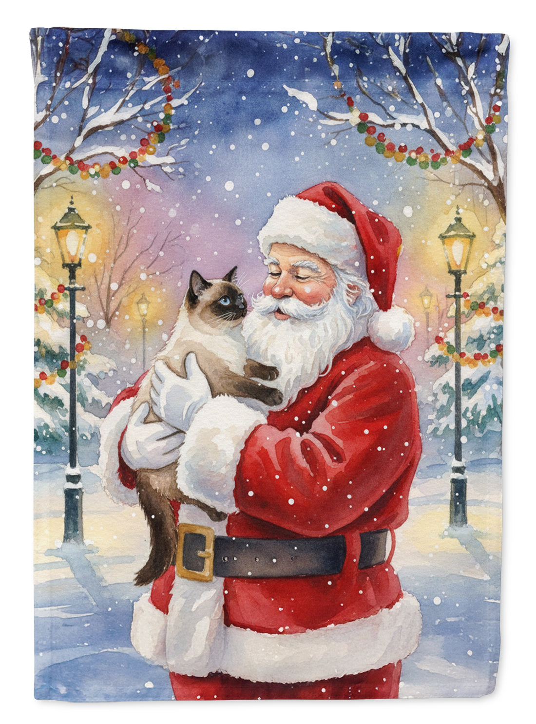 Seal Point Cat with Santa Claus House Flag 28x40 Porch Sleeve Pole Decorative Outside Yard Banner Artwork Wall Hanging, Polyester