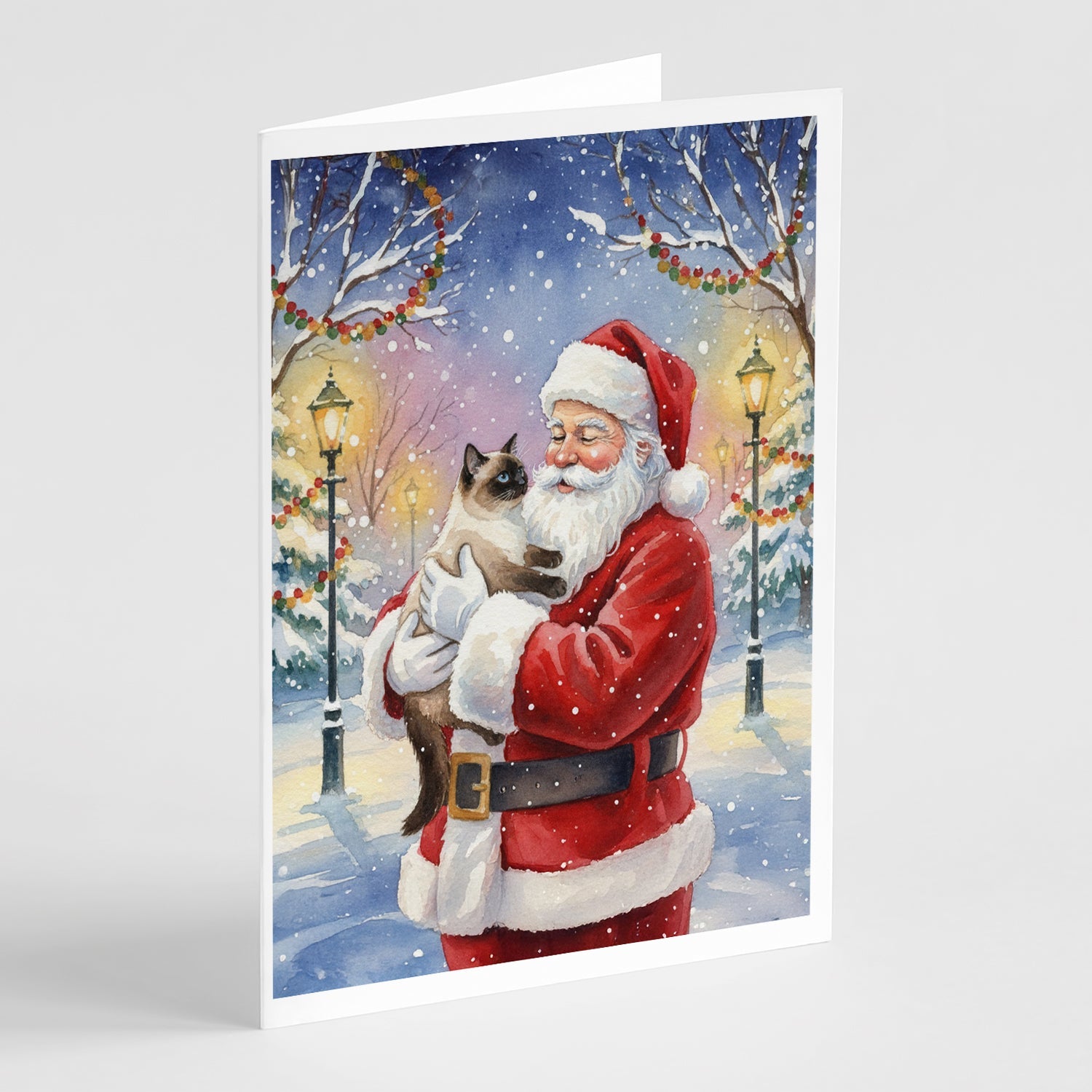 Seal Point Cat with Santa Claus Greeting Cards Pack of 8 Blank Cards with Envelopes Whimsical A7 Size 5x7