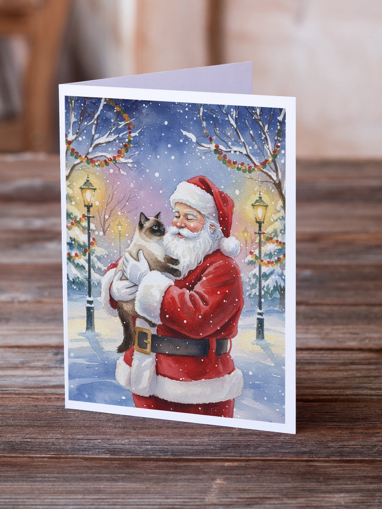 Seal Point Cat with Santa Claus Greeting Cards Pack of 8 Blank Cards with Envelopes Whimsical A7 Size 5x7