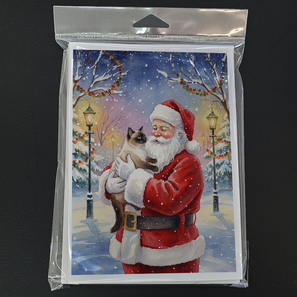 Seal Point Cat with Santa Claus Greeting Cards Pack of 8 Blank Cards with Envelopes Whimsical A7 Size 5x7