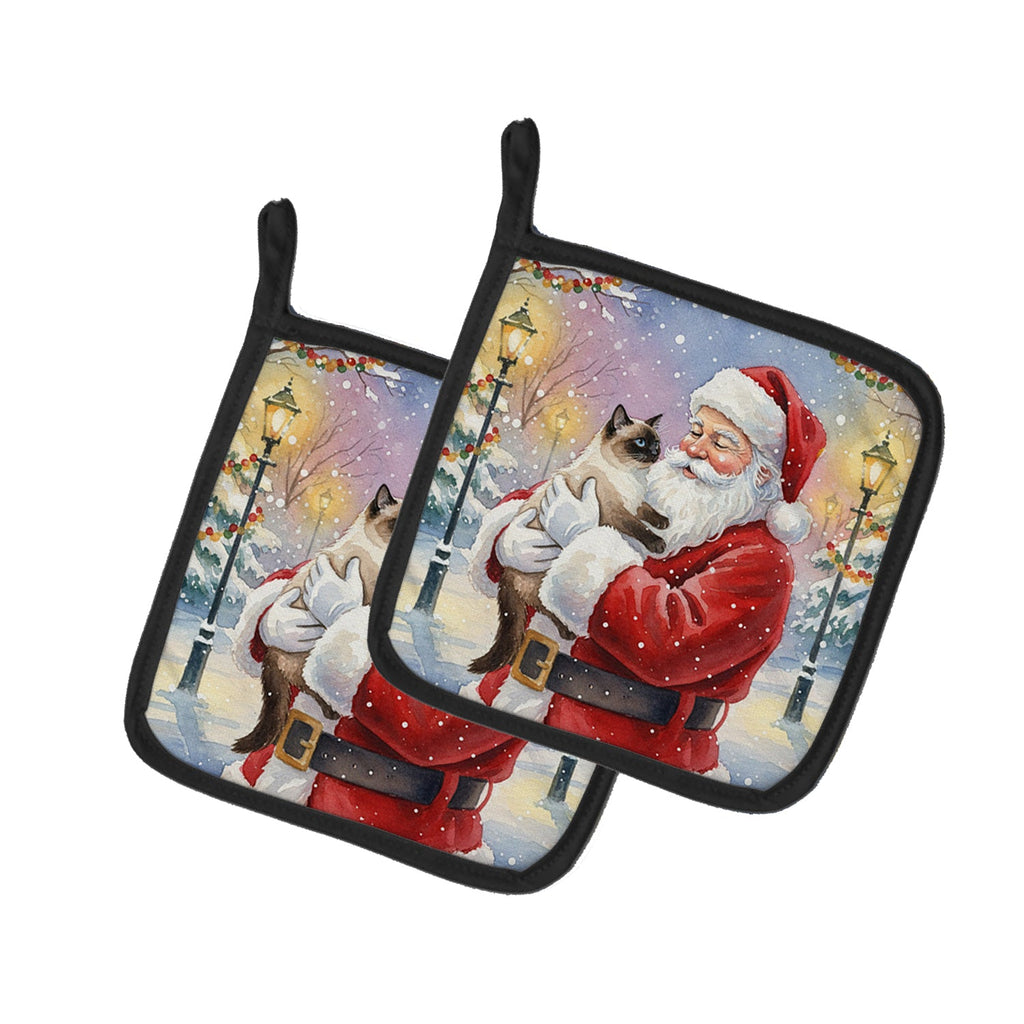 Seal Point Cat with Santa Claus Pot Holder Set of 2 Heat Resistant Quilted Hot Pads 7.5 x 7.5 Inch, Insulated Kitchen Trivets for Cooking & Baking