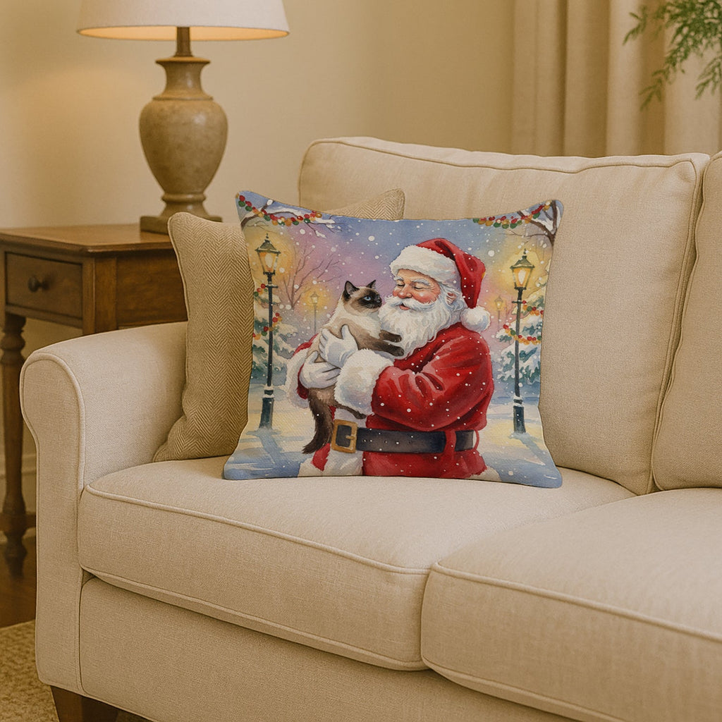 Seal Point Cat with Santa Claus Decorative Throw Pillow 14x14 Indoor Outdoor Accent Cushion, Fabric Cover with Insert for Sofa, Bed, Porch & Living Room