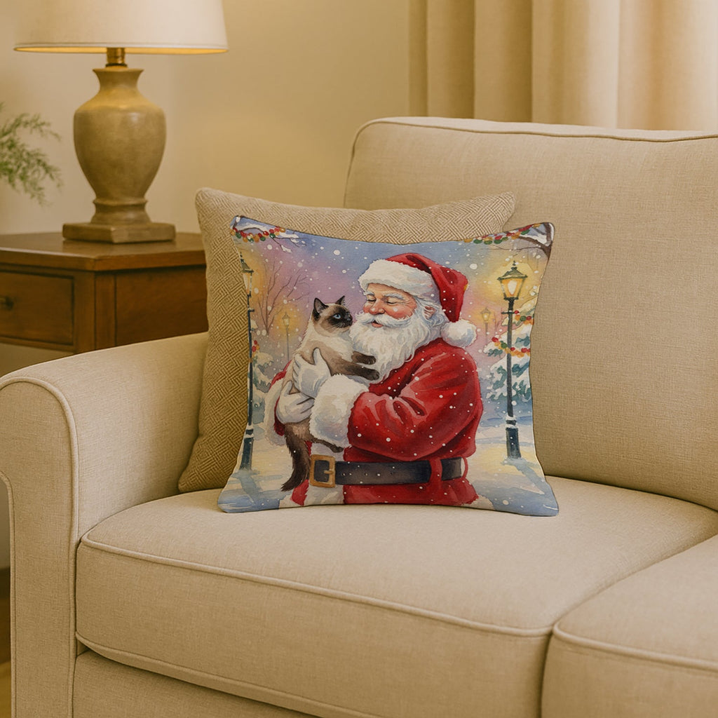 Seal Point Cat with Santa Claus Decorative Throw Pillow 18x18 Indoor Outdoor Accent Cushion, Fabric Cover with Insert for Sofa, Bed, Porch & Living Room