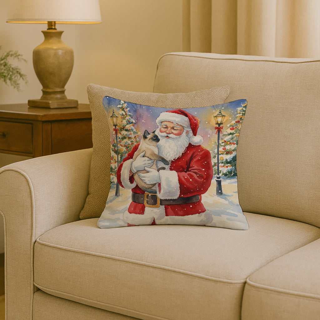 Siamese Cat with Santa Claus Decorative Throw Pillow 18x18 Indoor Outdoor Accent Cushion, Fabric Cover with Insert for Sofa, Bed, Porch & Living Room