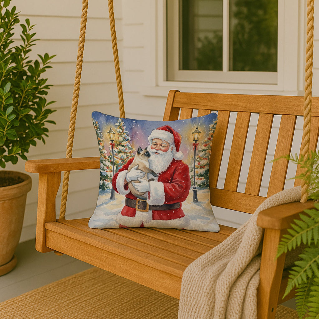 Siamese Cat with Santa Claus Decorative Throw Pillow 18x18 Indoor Outdoor Accent Cushion, Fabric Cover with Insert for Sofa, Bed, Porch & Living Room