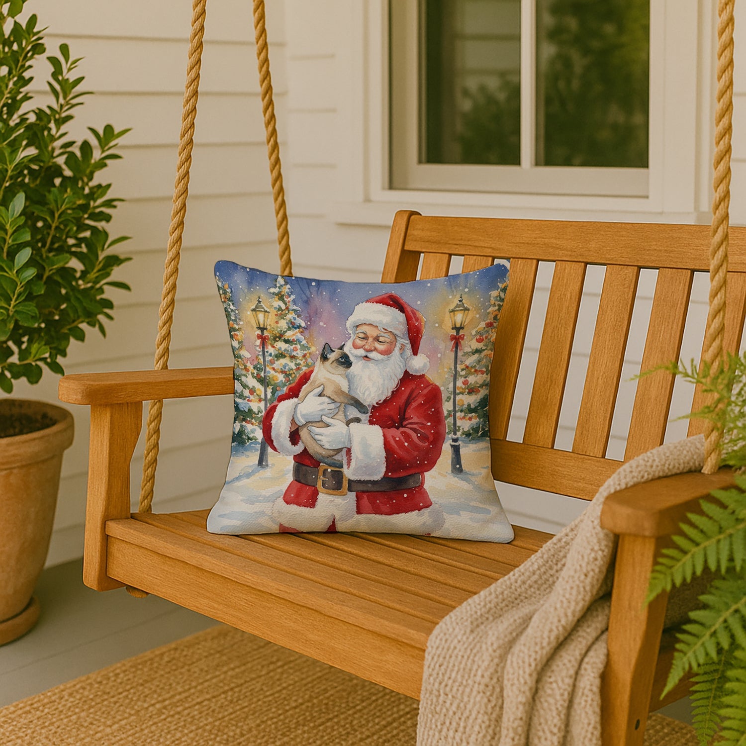 Siamese Cat with Santa Claus Decorative Throw Pillow 18x18 Indoor Outdoor Accent Cushion, Fabric Cover with Insert for Sofa, Bed, Porch & Living Room